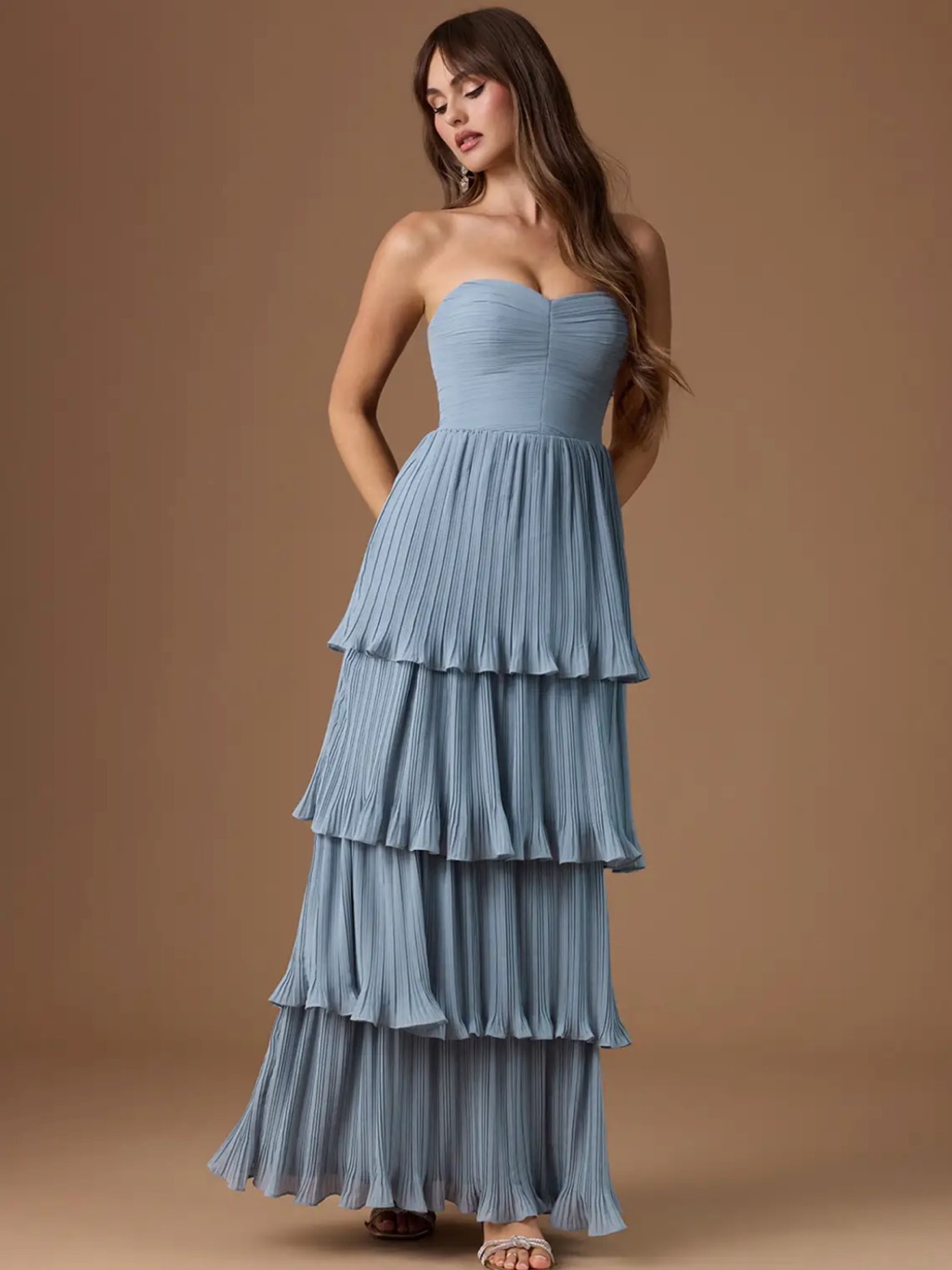 Azazie Strapless Light Blue Tiered Pleated Gown